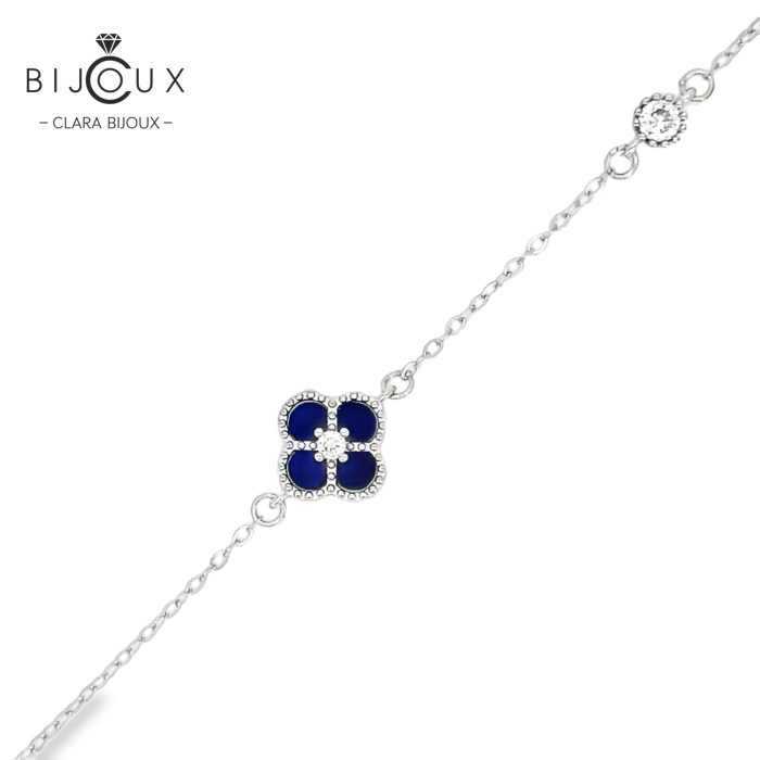 Сребърна гривна Clara Bijoux с детелинка от синтетичен пиетерсит и бял CZ