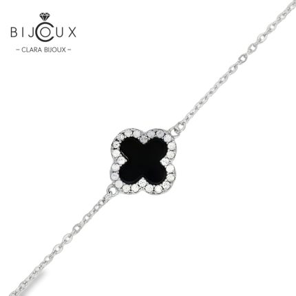 Елегантна гривна от родирано сребро 925 с детелинка от черен ахат Clara Bijoux