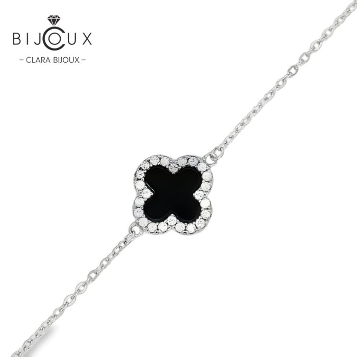 Елегантна гривна от родирано сребро 925 с детелинка от черен ахат Clara Bijoux