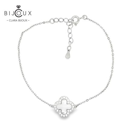 Гривна от родирано сребро 925 с детелинка от бял седеф и CZ камъни Clara Bijoux