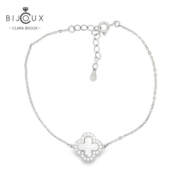 Гривна от родирано сребро 925 с детелинка от бял седеф и CZ камъни Clara Bijoux