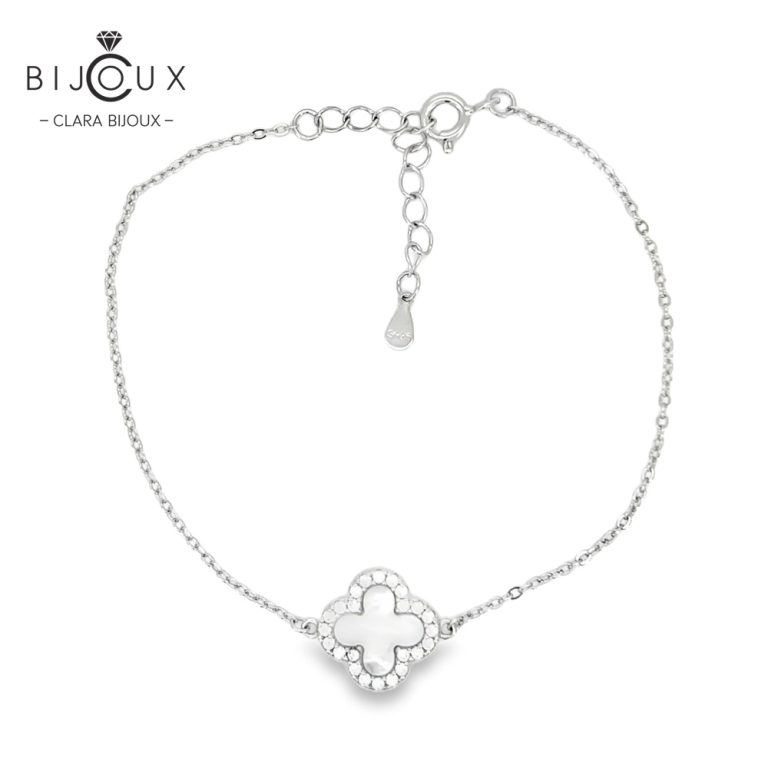 Гривна от родирано сребро 925 с детелинка от бял седеф и CZ камъни Clara Bijoux