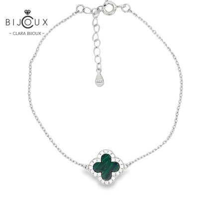 Елегантна гривна от родирано сребро с детелинка от малахит Clara Bijoux