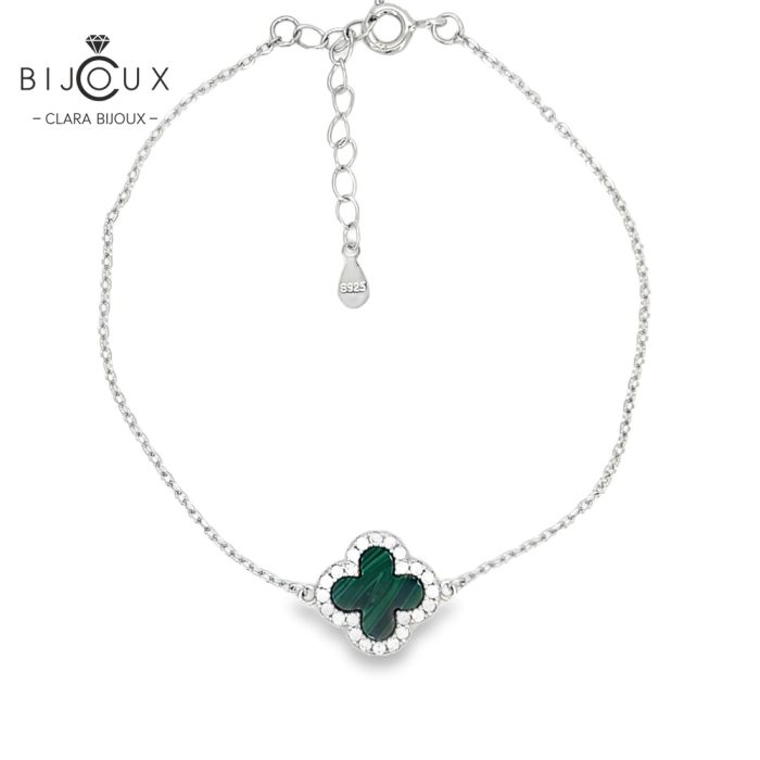 Елегантна гривна от родирано сребро с детелинка от малахит Clara Bijoux