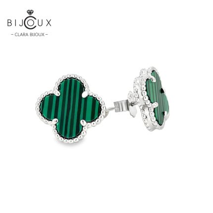 Сребърни обеци с детелинки от малахит Clara Bijoux