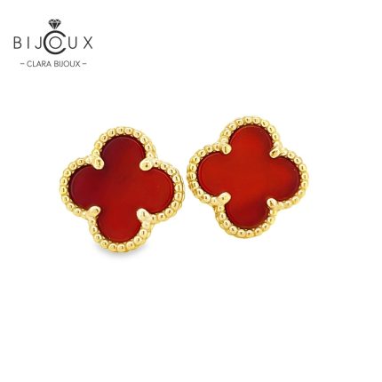 Сребърни обеци детелинки с червен ахат и жълта позлатка Clara Bijoux