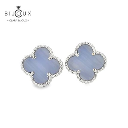 Сребърни обеци детелинки с халцедон и родиево покритие Clara Bijoux