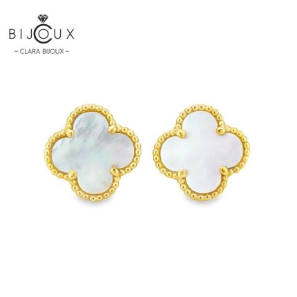 Сребърни обеци детелинки с бял седеф и жълта позлатка Clara Bijoux