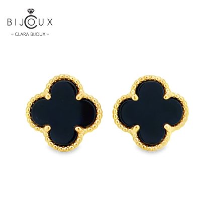 Елегантни сребърни обеци детелинки с черен ахат и позлатка Clara Bijoux
