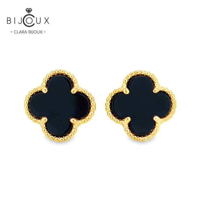 Елегантни сребърни обеци детелинки с черен ахат и позлатка Clara Bijoux