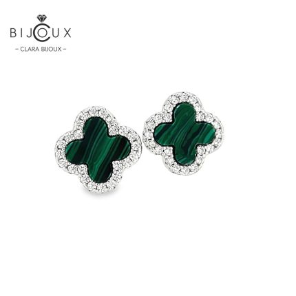 Родирани обеци с малахит и бели камъни CZ Clara Bijoux