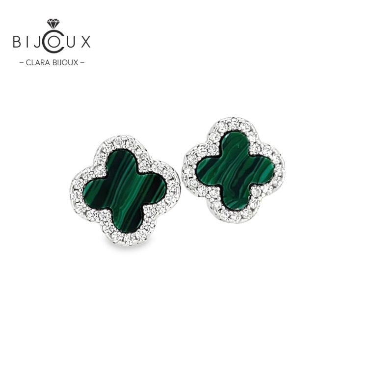Родирани обеци с малахит и бели камъни CZ Clara Bijoux