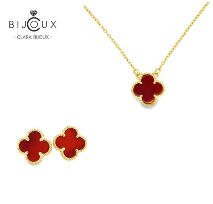 Комплект Clara Bijoux с червен ахат и жълта позлатка – обеци и колие