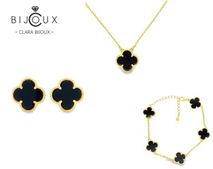 Комплект Clara Bijoux с черен ахат и жълта позлатка – колие, гривна и обеци