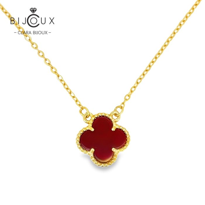 Сребърно колие с жълта позлатка и червен ахат детелинка Clara Bijoux