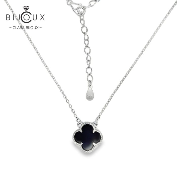 Родирано сребърно колие с черен ахат във форма на детелинка Clara Bijoux