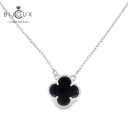 Сребърно колие с черен ахат детелинка Clara Bijoux