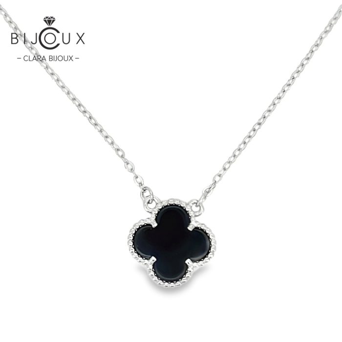 Сребърно колие с черен ахат детелинка Clara Bijoux