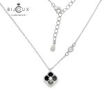 Родирано сребърно колие с черен ахат и бял централен камък във форма на детелинка Clara Bijoux