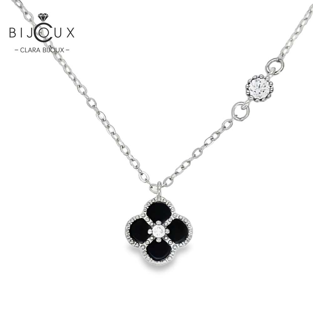 DSP152.1 Сребърно колие с черен ахат и бял камък детелинка Clara Bijoux