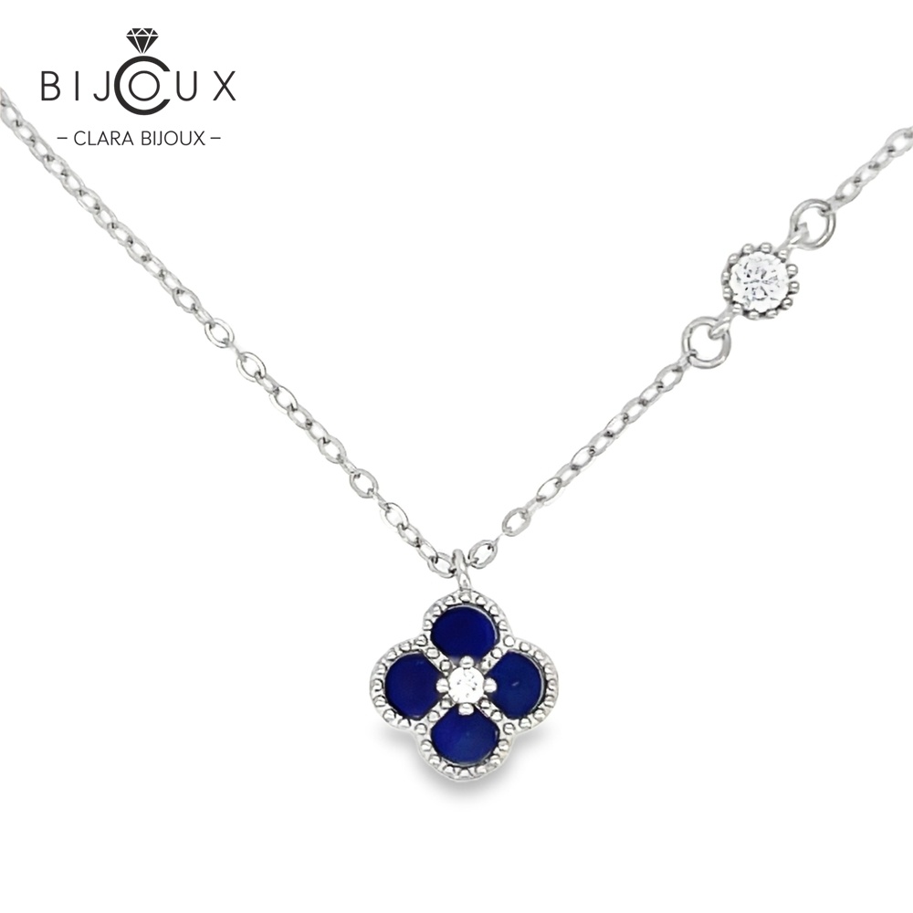 DSP153.1 Сребърно колие с пиетерсит и бял камък детелинка Clara Bijoux