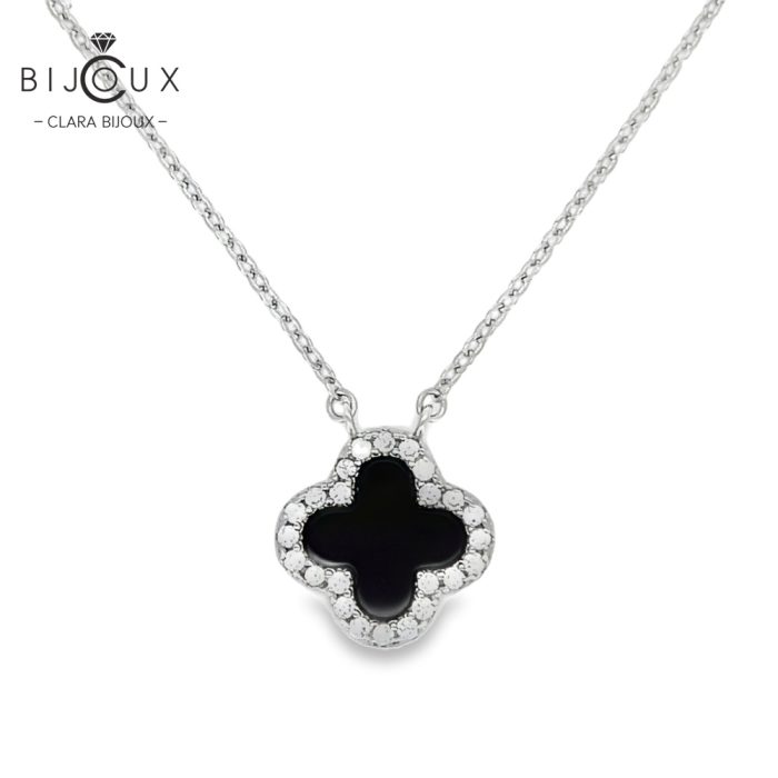 Сребърно колие с черен ахат и бели CZ камъни Clara Bijoux