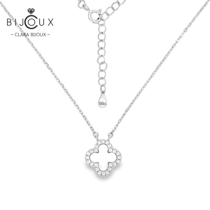 Елегантно родирано сребърно колие с детелинка от бял седеф Clara Bijoux