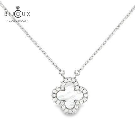 Сребърно колие с бял седеф и бели CZ камъни Clara Bijoux