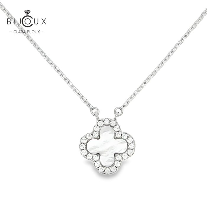 Сребърно колие с бял седеф и бели CZ камъни Clara Bijoux