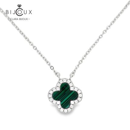 Елегантно родирано сребърно колие с детелинка от малахит Clara Bijoux
