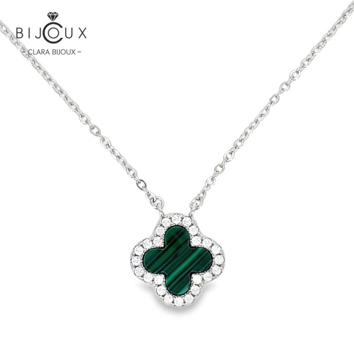 Елегантно родирано сребърно колие с детелинка от малахит Clara Bijoux