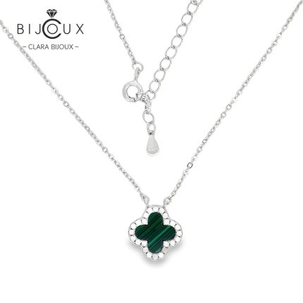 Сребърно колие с малахит и бели CZ камъни Clara Bijoux