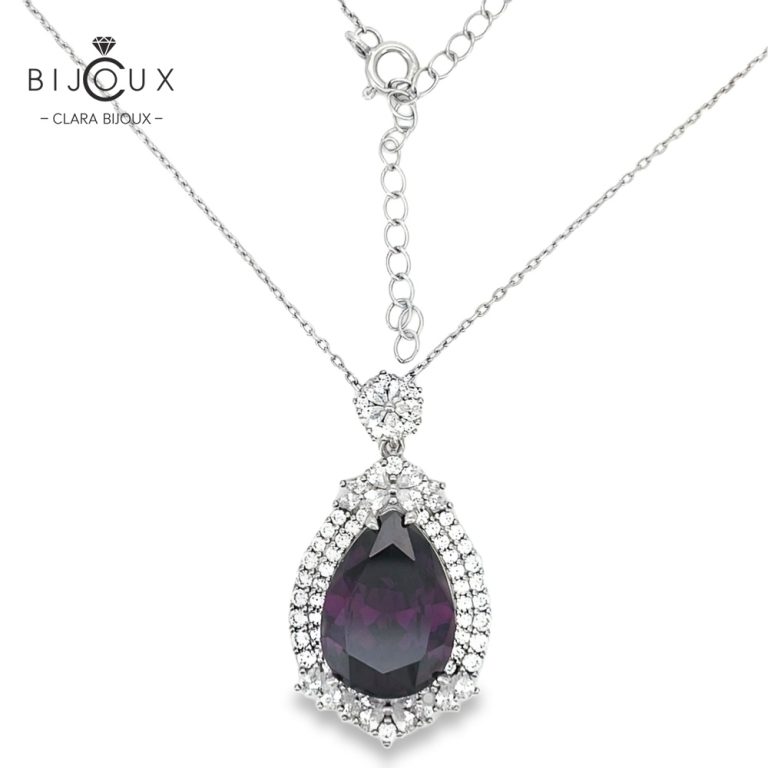 Луксозно сребърно колие с лилав циркон Clara Bijoux – елегантен капковиден дизайн