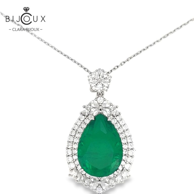 Родирано сребърно колие със зелен циркон и бели CZ камъни Clara Bijoux