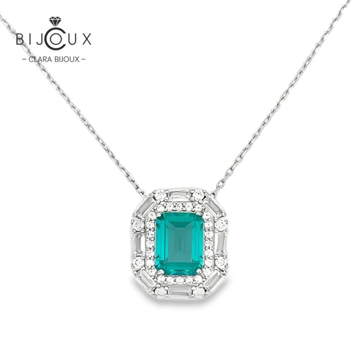 Луксозно сребърно колие със зелен циркон Clara Bijoux – елегантен квадратен дизайн