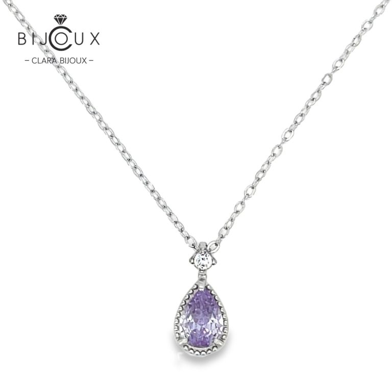 Луксозно сребърно колие с лилав циркон Clara Bijoux – изтънчен капковиден дизайн