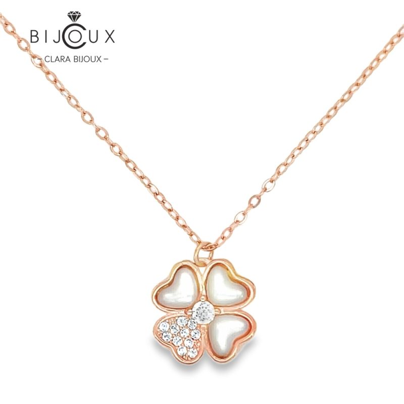 Сребърно колие с розова позлатка и детелина от бял седеф Clara Bijoux