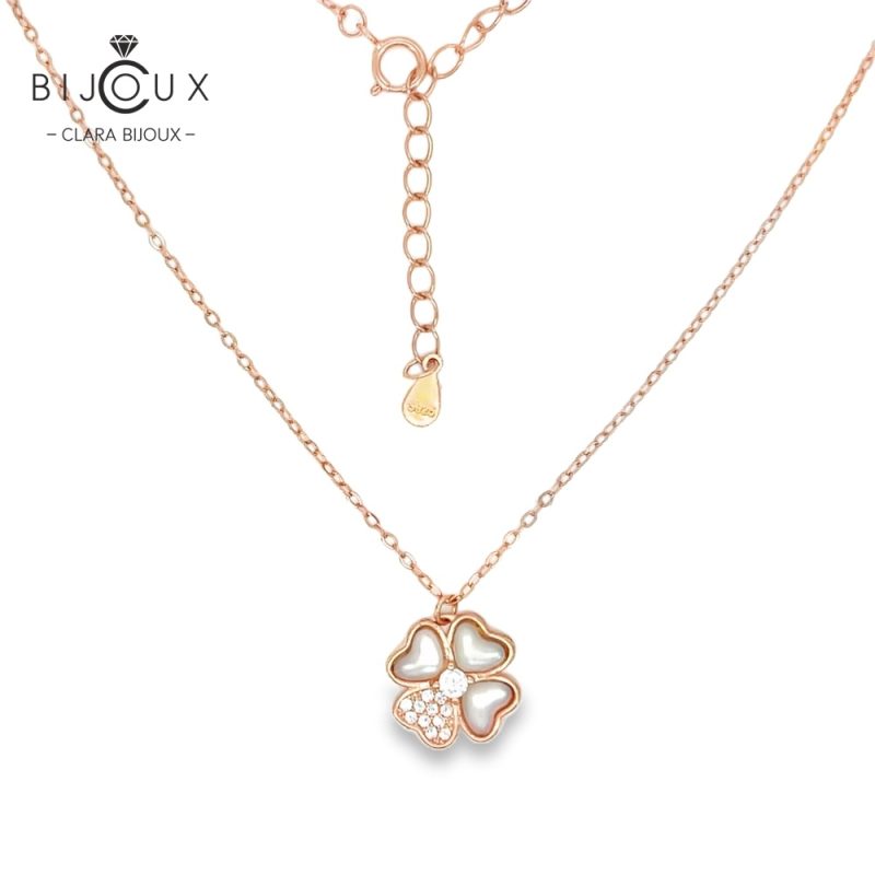 Бутиково сребърно колие детелинка с бял седеф Clara Bijoux – символ на късмет