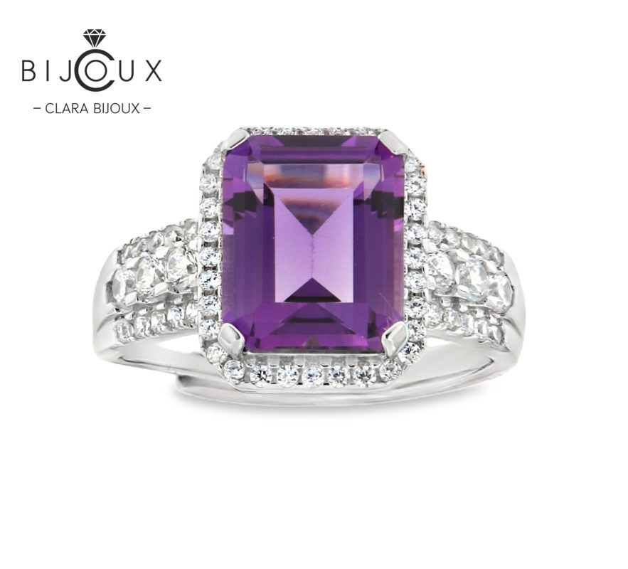 Сребърен пръстен с Аметист и бели CZ камъни Clara Bijoux