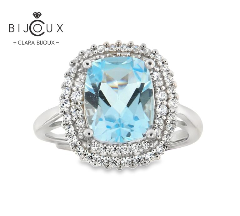луксозен пръстен с небесносин топаз и бели камъни Clara Bijoux