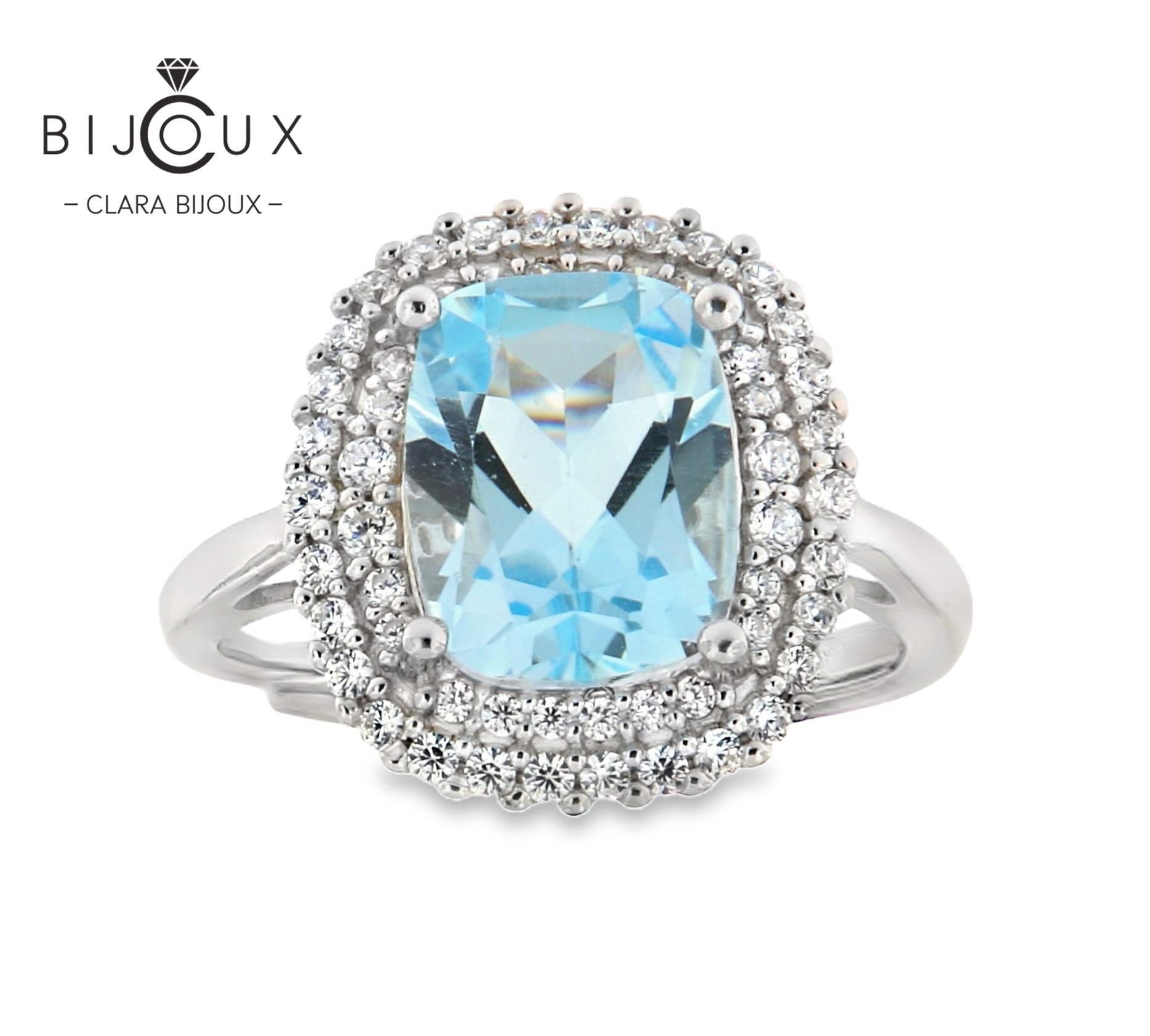 JR3699-8.2 луксозен пръстен с небесносин топаз и бели камъни Clara Bijoux