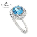 луксозен пръстен Swiss Blue Topaz със сини и бели камъни