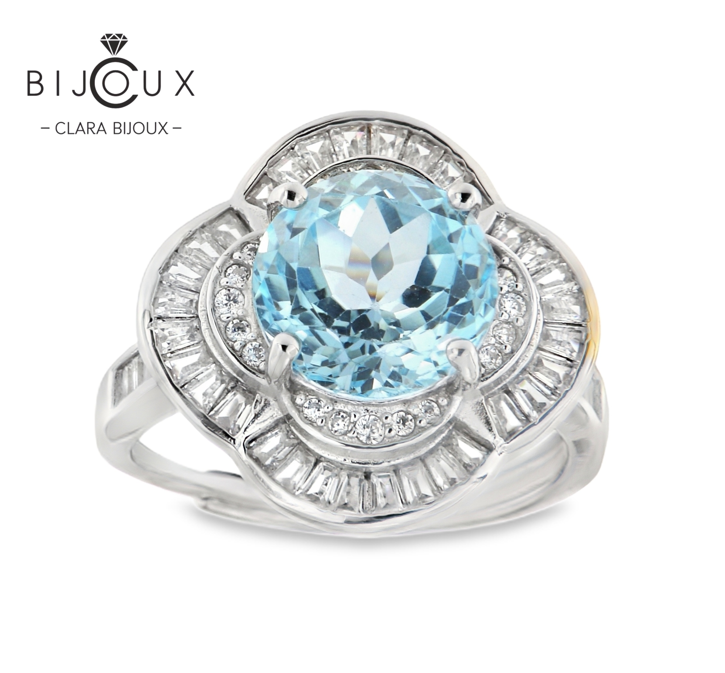JR4244-8.2 Елегантен пръстен с небесносин топаз и бели камъни – Clara Bijoux
