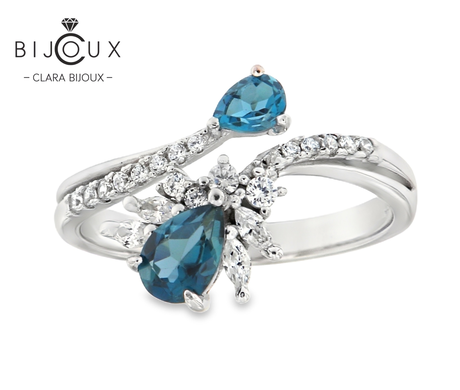 JR4357-11.3 Елегантен сребърен пръстен с два сини топаза