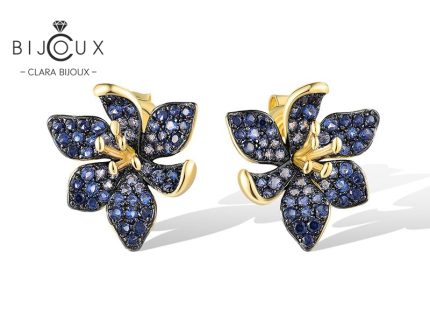 Луксозни сребърни обеци с жълта позлатка и сапфири Clara Bijoux