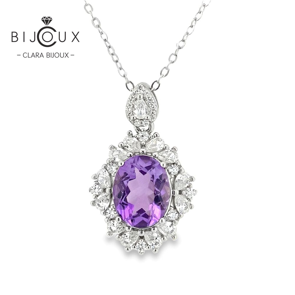 DSP185 елегантно сребърно колие с аметист и бели CZ Clara Bijoux