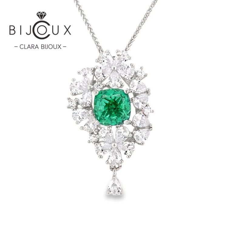 луксозно сребърно колие с бели и зелен CZ камъни Clara Bijoux