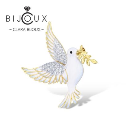 Бутикова сребърна брошка гълъб Clara Bijoux с бял емайл