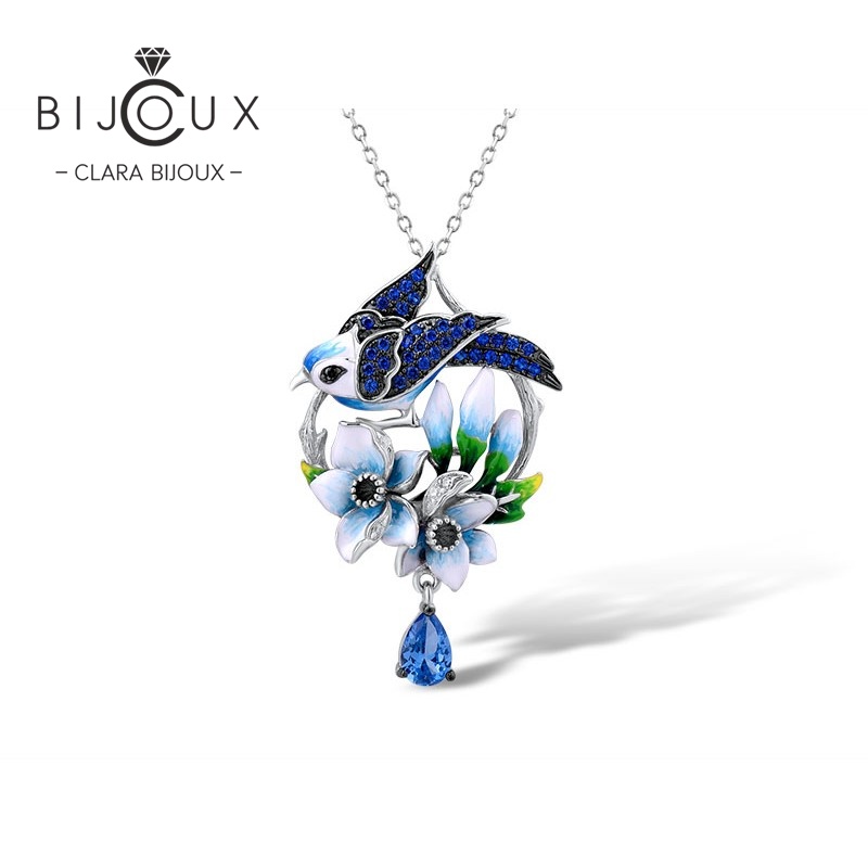 PP411 Дизайнерска сребърна висулка Sapphire Birdsong със синя птица, лабораторни сапфири, цветен емайл и капковиден син кристал – Clara Bijoux