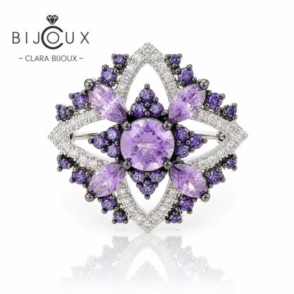 Луксозна сребърна брошка Amethyst Empress със синтетични аметисти, бели цирконии и симетричен флорален дизайн – Clara Bijoux